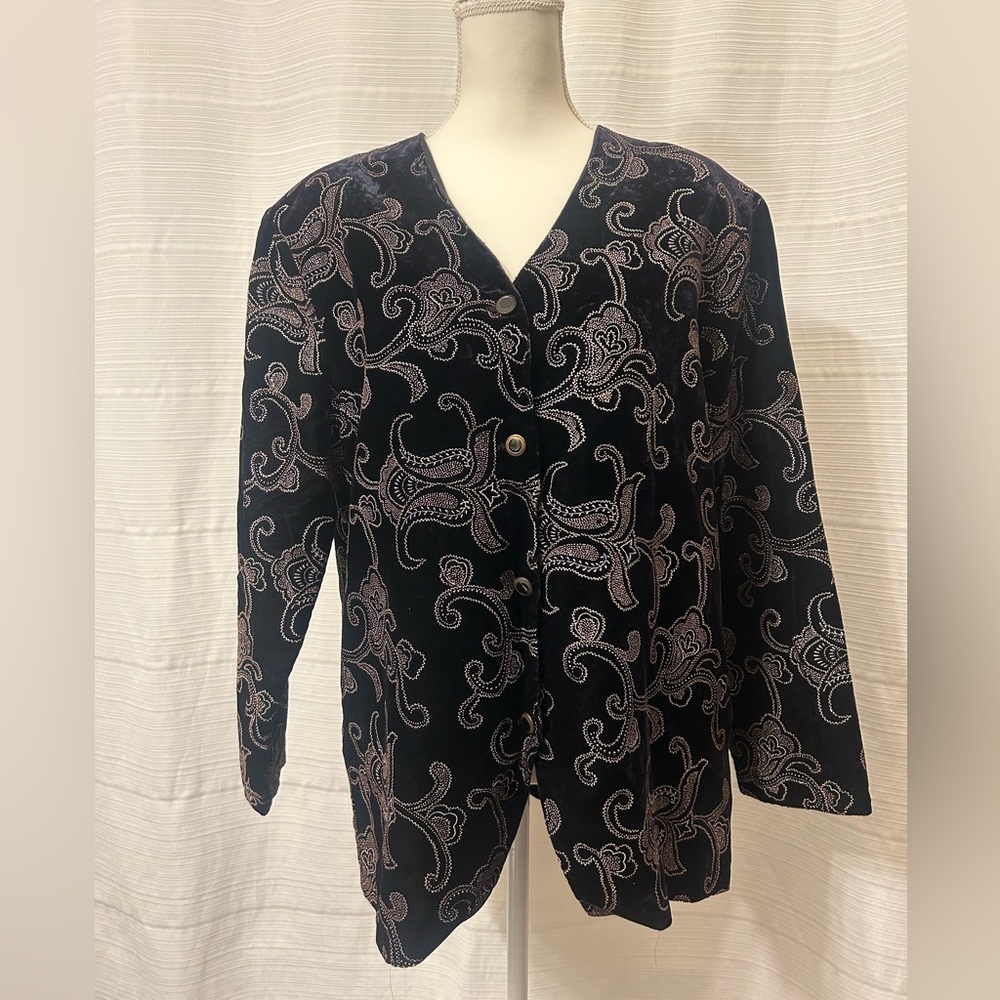 Jeri Marque Womens 14 Black Embroidered Paisley Print Velvet Button Jacket